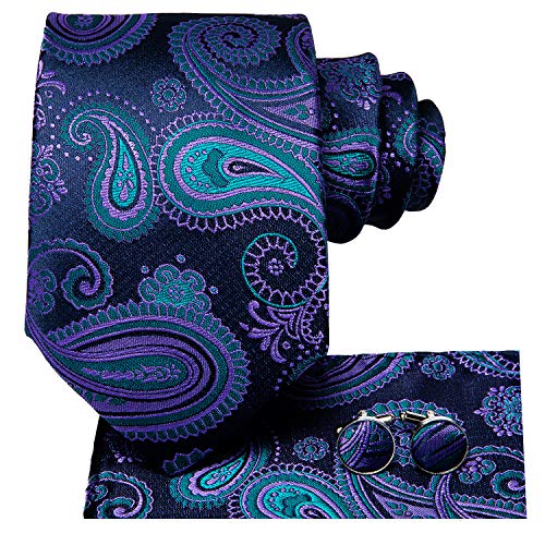 Image of Hi-Tie Men 63inches Tie Set Extra Long Necktie Paisley Tie Pocket Suqare Cufflinks Big and Tall Men Tie