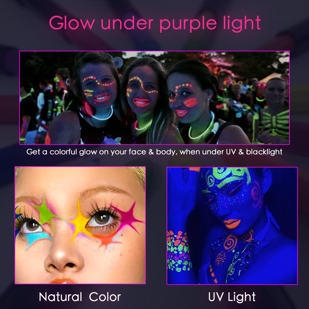 Farba fluorescencyjna UV, HISUNBEN 12 neonowych ołówków do twarzy i ciała, zmywalna, nietoksyczna farba neonowa UV, na festiwal, Mardi Gras, Halloween, do makijażu