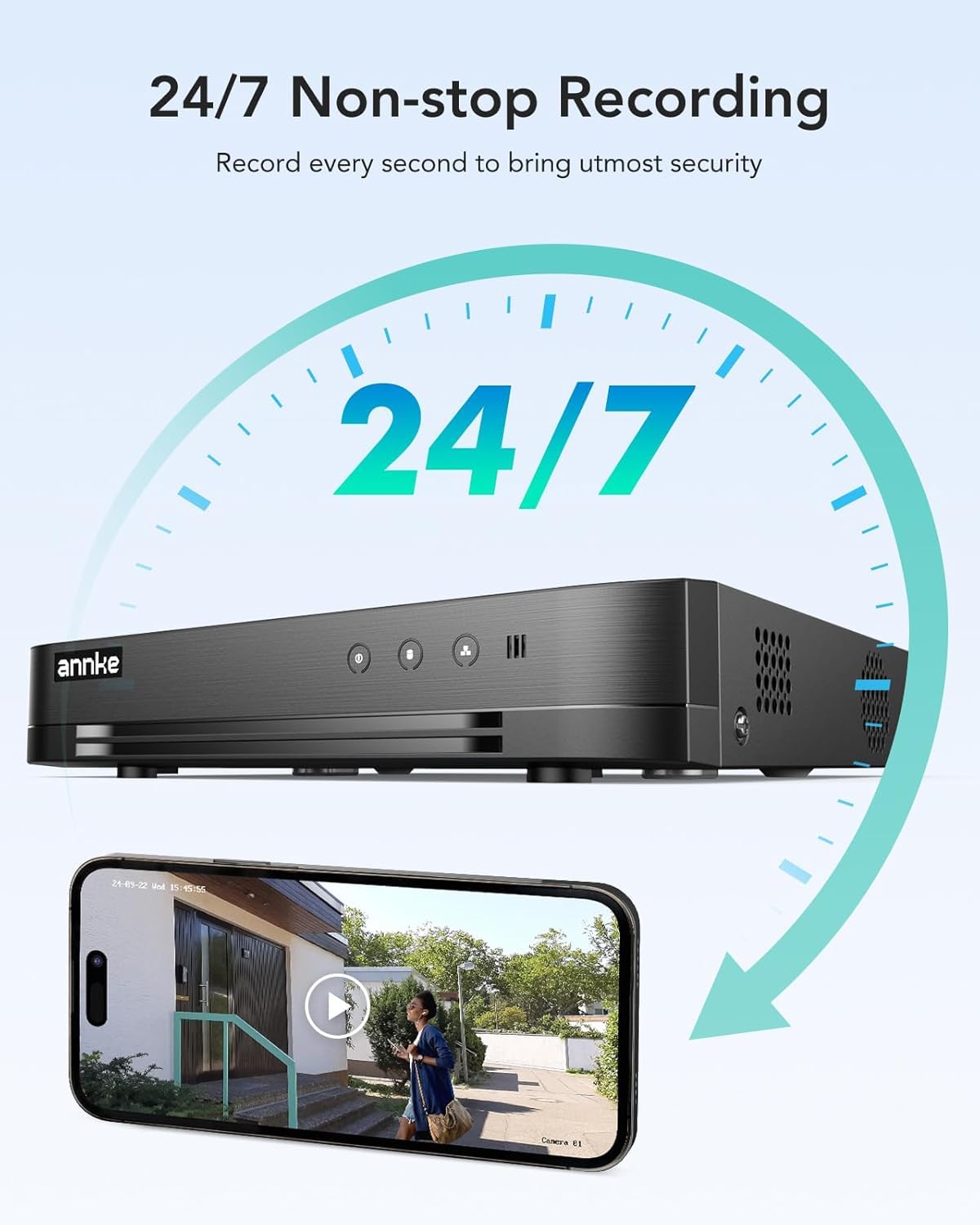 ANNKE 16CH 1080P Lite Hybrid 5-en-1(TVI/AHD/CVI/CVBS/IPC) CCTV AI DVR, détection humain/véhicule, sécurité H.265+, enregistreur vidéo numérique de surveillance 16 canaux avec disque dur de 2 To, accès