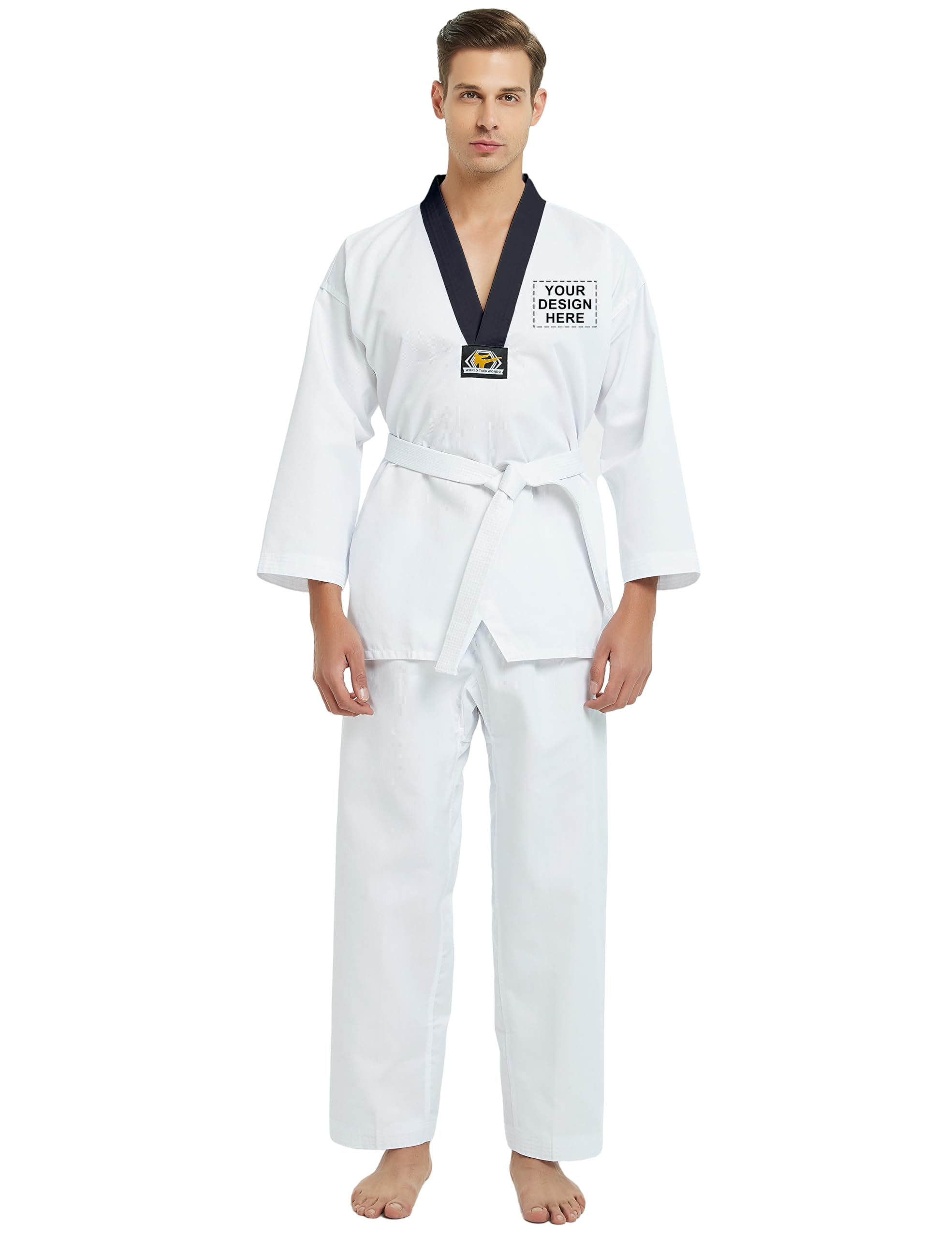 TopTie Uniforme de taekwondo personalizado para hombre con bordado, uniforme de estudiante TKD Dobok personalizado con cinturón, traje de artes marciales personalizado