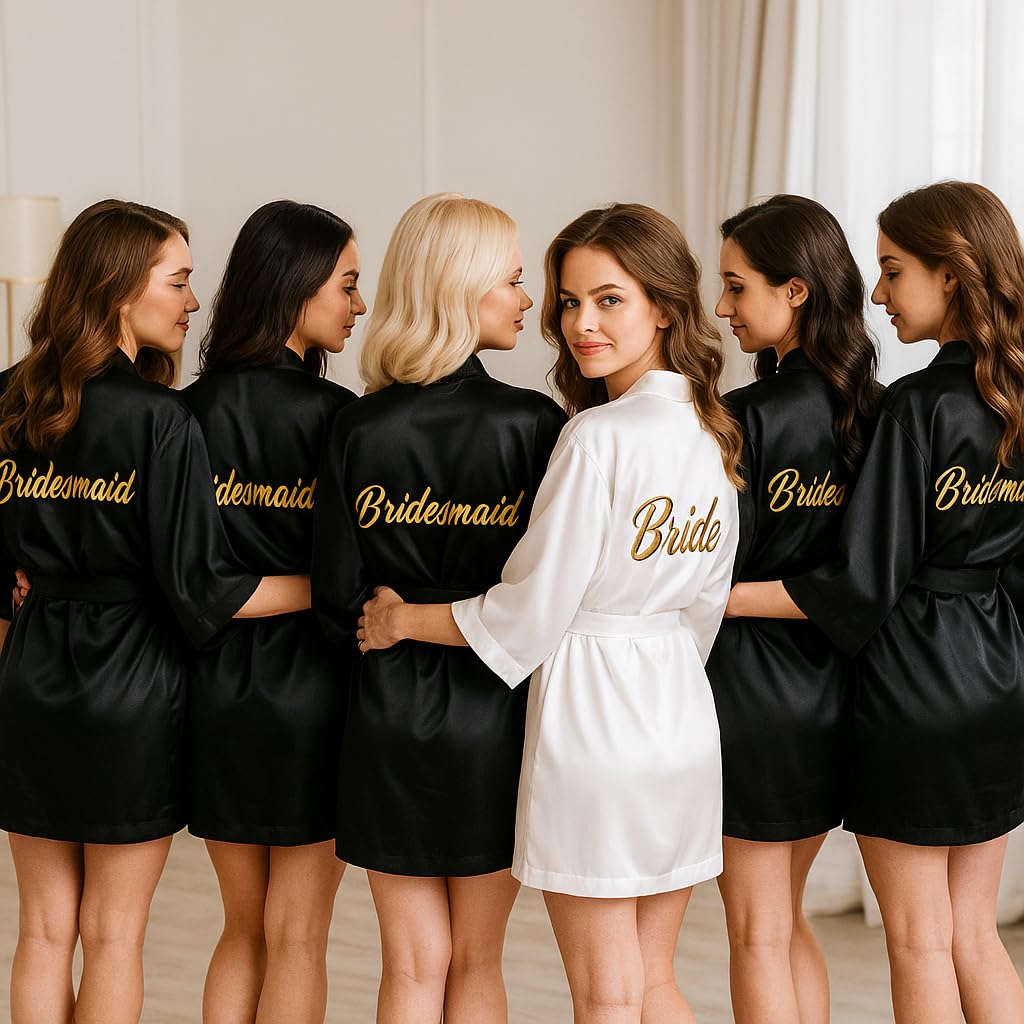 LYCN Albornoz de Novia de 6 Piezas para Mujer, Albornoz de Satén con Bordado Dorado para Novia y Dama de Honor, Regalo para Despedida de Soltera, Pijama para Fiesta en la Piscina (5 Blanco 1 Negro)