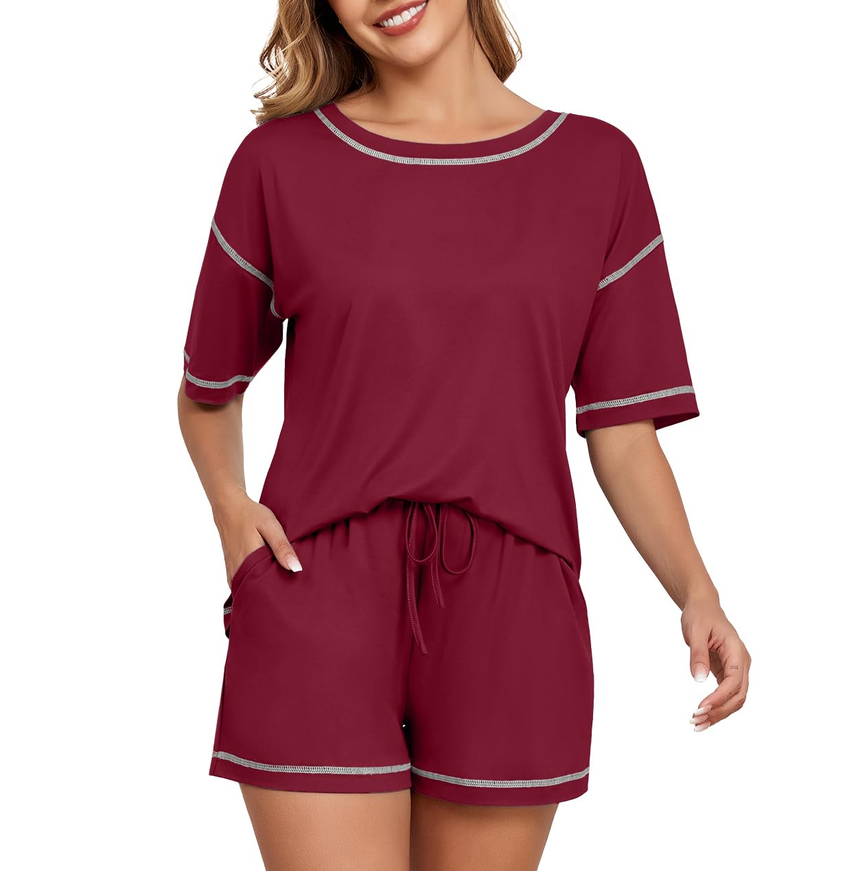 PrinStory Womens Pajama Sets Short Sleeve Pajamas Set for Women 2 Piece Soft Crew Neck Loungewear with Pockets