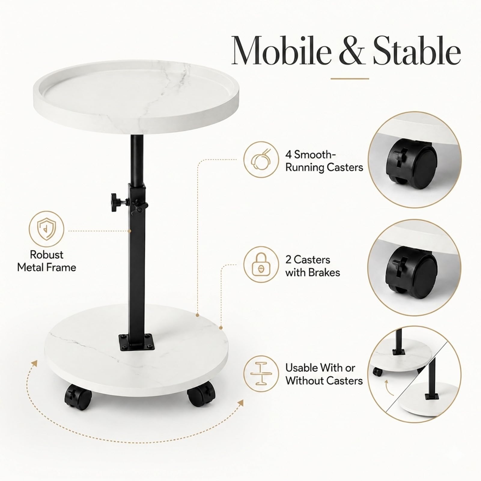 Tavolino da Divano Laterale Rotondo con Ruote, Regolabile in Altezza 45–80 cm, Girevole 360°, in Legno Finitura Noce, Tavolino Salvaspazio per Soggiorno e Camera da Letto, Ideale per Laptop