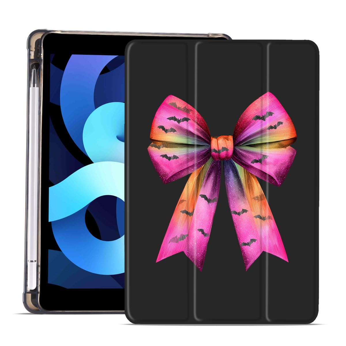 Coque fine d'Halloween pour iPad 10,2" 2021/2020/2019 avec porte-crayon, chauve-souris et nœud violet original pour iPad 9e/8e/7e génération, coque de protection arrière en TPU souple, mise en