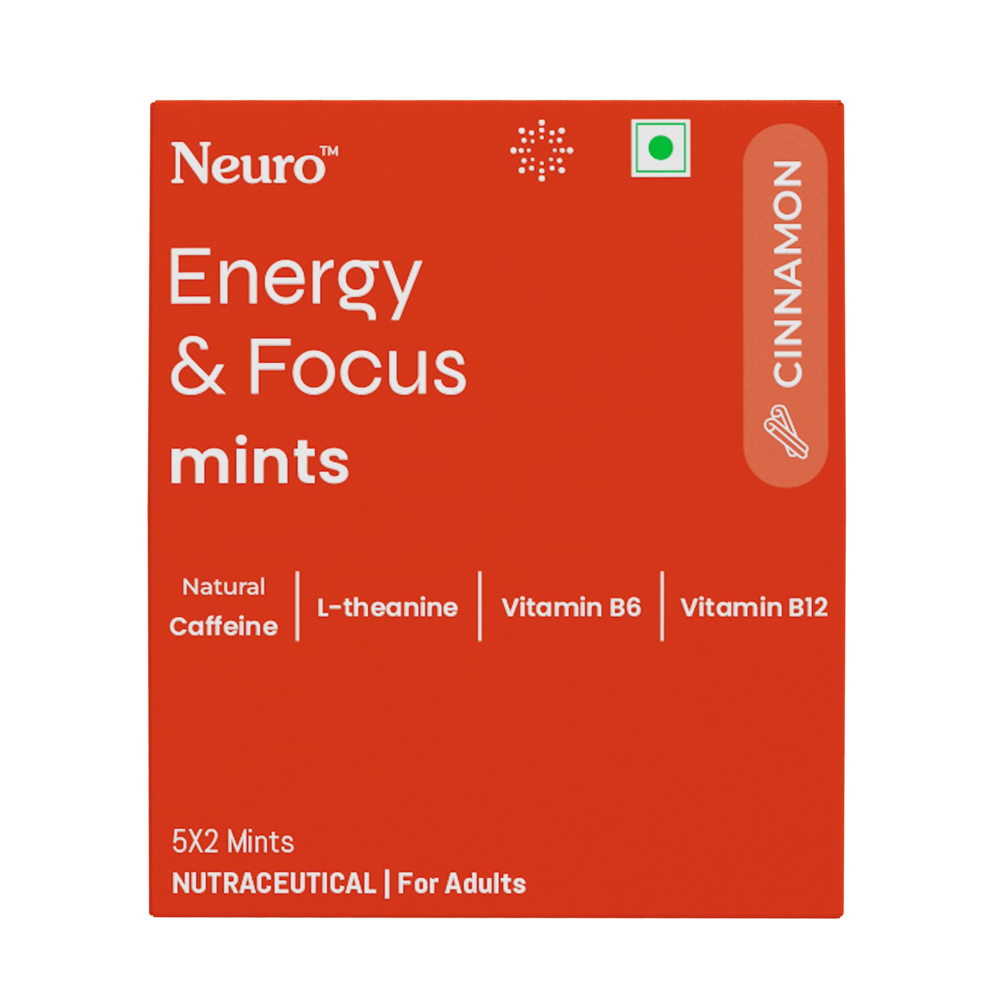 NeuroGum Energy Caffeine Mints (5 X 2 Sachets) - Sugar Free with L-theanine + Natural Caffeine + Vitamin B12 & B6 - Energy & Focus Supplement for Women & Men - Cinnamon Flavor | Pack of 2 (20 Mints)