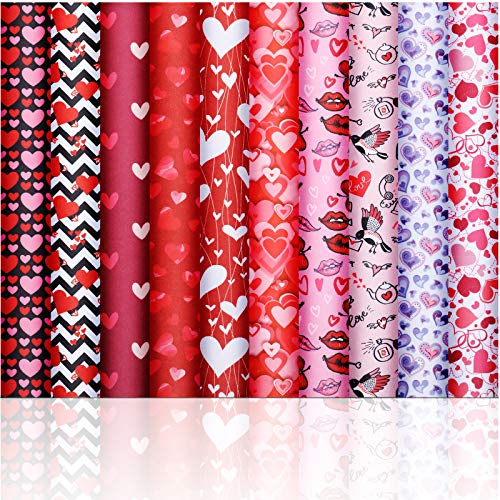 BOAO 10 Pcs Valentines Day Fabric 10 x 10 Inches Cotton Heart Fabric Fat Quarters Squares Heart Lips Pattern Sewing Romantic Love Craft Bundles Quilting Precut for Valentine DIY Sewing