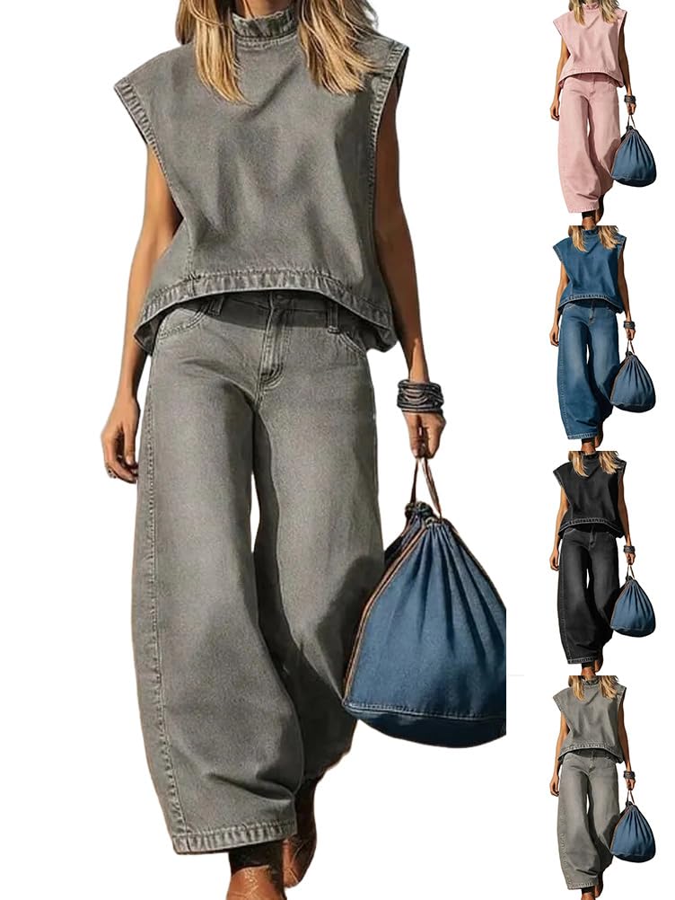 shownicer Completo Donna Elegante Tuta Estivo 2 Pezzi Set Senza Maniche Top E Jeans Pantaloni Curvy Completo Due Pezzi Set Completi Tute