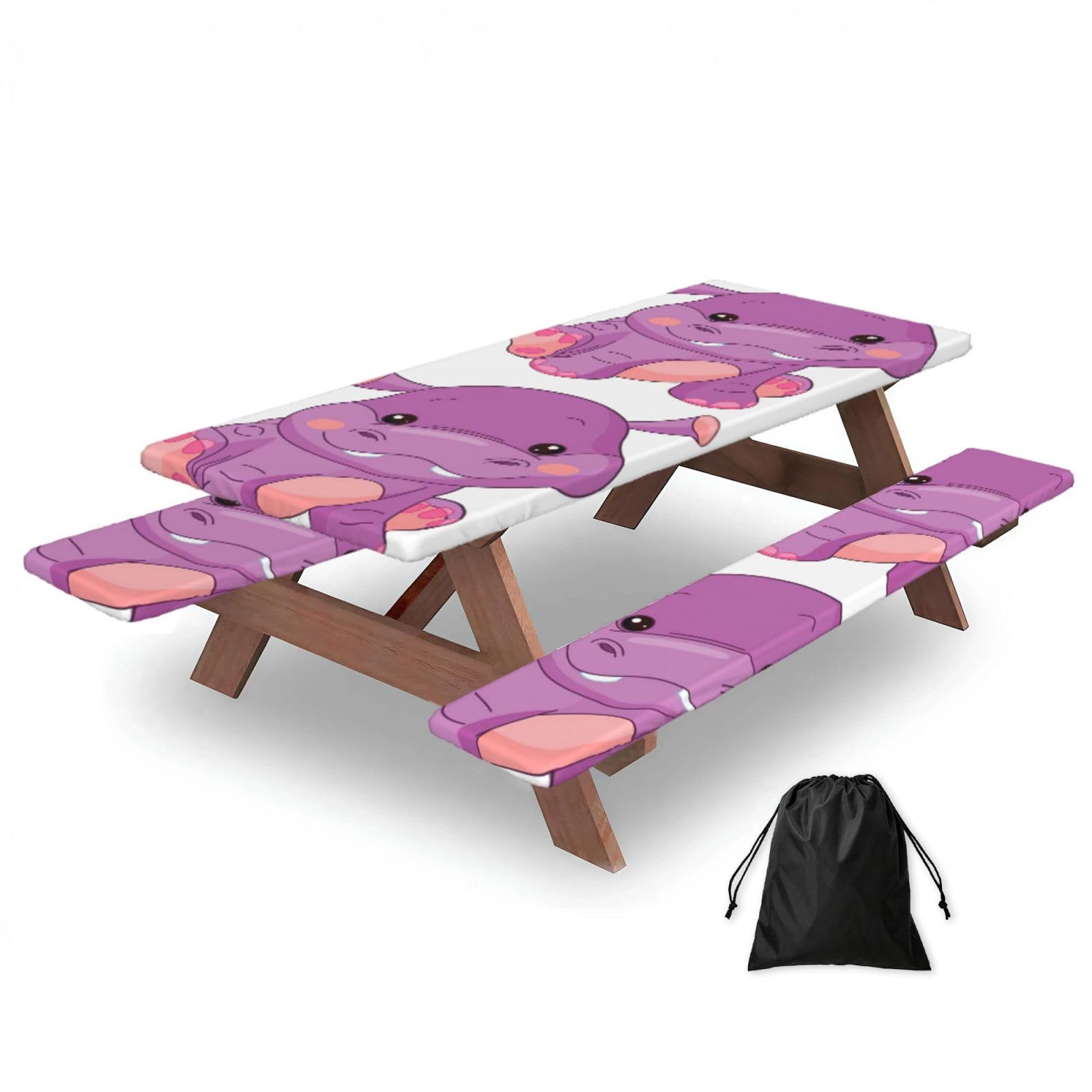 Yqxwjl Black Cartoon Purple Hippo Print Camping Essentials Waterproof Camping Table And Bench Cover With Drawstring Bag 183 Cm