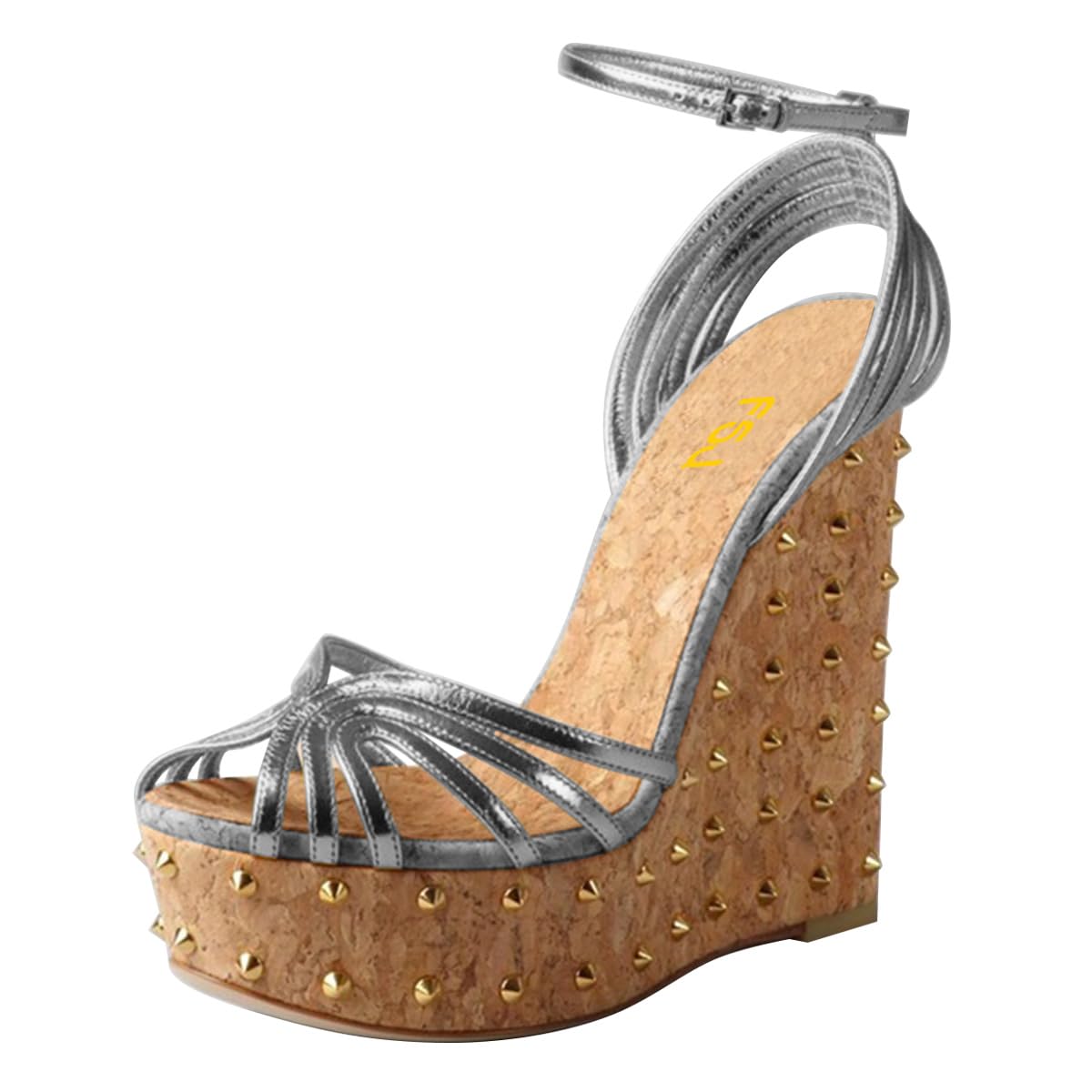 FSJ Women Rivet Studded Wedges Sandals Platform Cork High Heel Peep Toe Ankle Strap Buckle Sexy Strappy Party Shoes Size 4-16 US