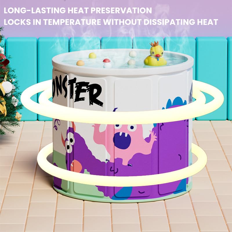 Image of HANNEA Folding Bath Tub for Adult for Bathroom Home SPA 27 inch Multifaceted Ice Bath Tub for Adults PVC Thermal Portable Bathtub for Cold Therapy Sitting Bucket with Drainage Pipe Cartoon