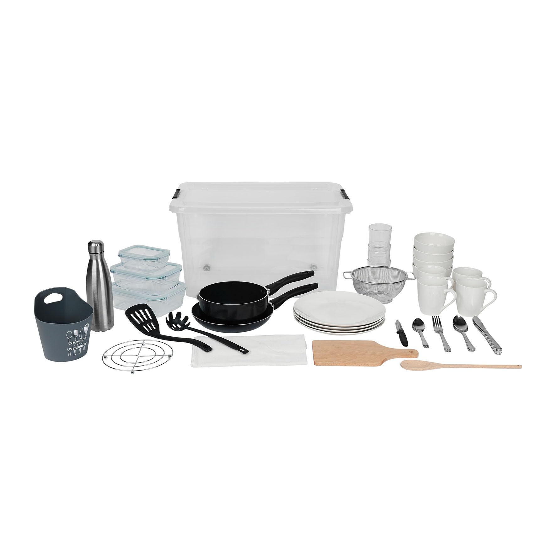 Crealys 544703 kit de démarrage étudiant, célibataire - Starter kit Vaisselle & Ustensiles Complets - Boîte Rangement 56.5L, Assiettes, Mugs, Verres, Couverts, Poêle Induction, etc.