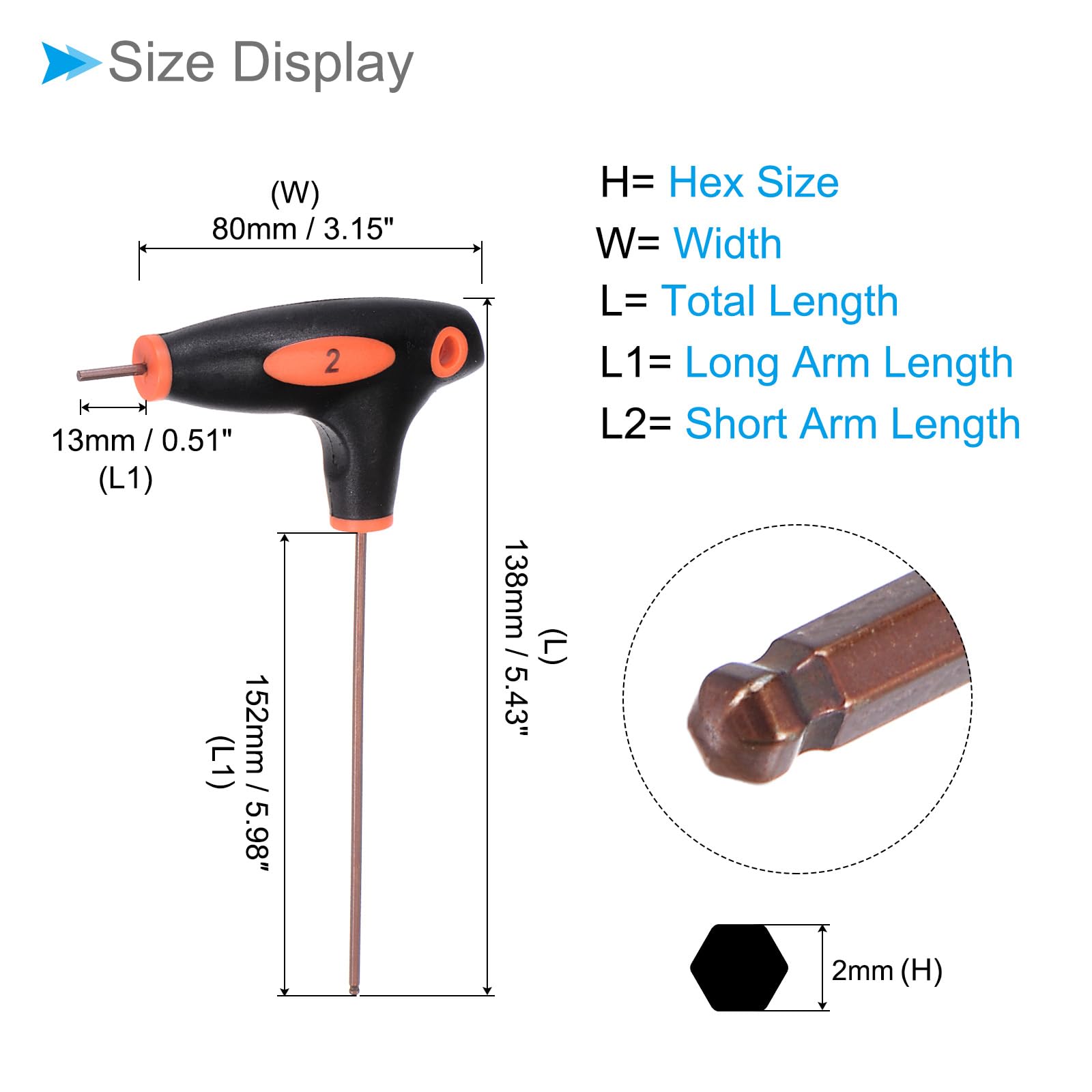 CoCud T-Handle Ball End Hex Key, 2mm Hex, S2 Steel Metric T-Key Wrench Red - Image 2