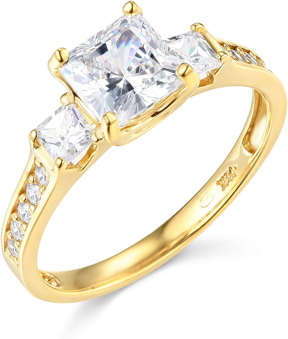Wellingsale Ladies Solid 14k Yellow -OR- White Gold Polished CZ Cubic Zirconia Princess Cut Three 3 Stone Engagement Ring