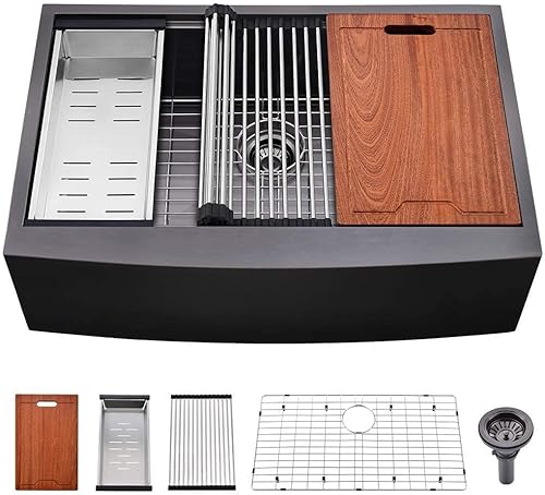 Fregadero de cocina negro de 30 pulgadas con estación de trabajo de 30 x 20 pulgadas, fregadero de cocina frontal con calibre 16, fregadero de