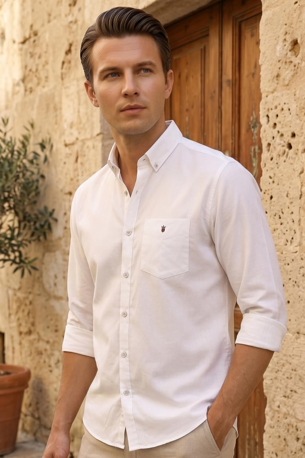 Louis Philippe Camicia da uomo casual slim fit Signature Oxford Easy Care Natural Stretch a maniche lunghe in cotone