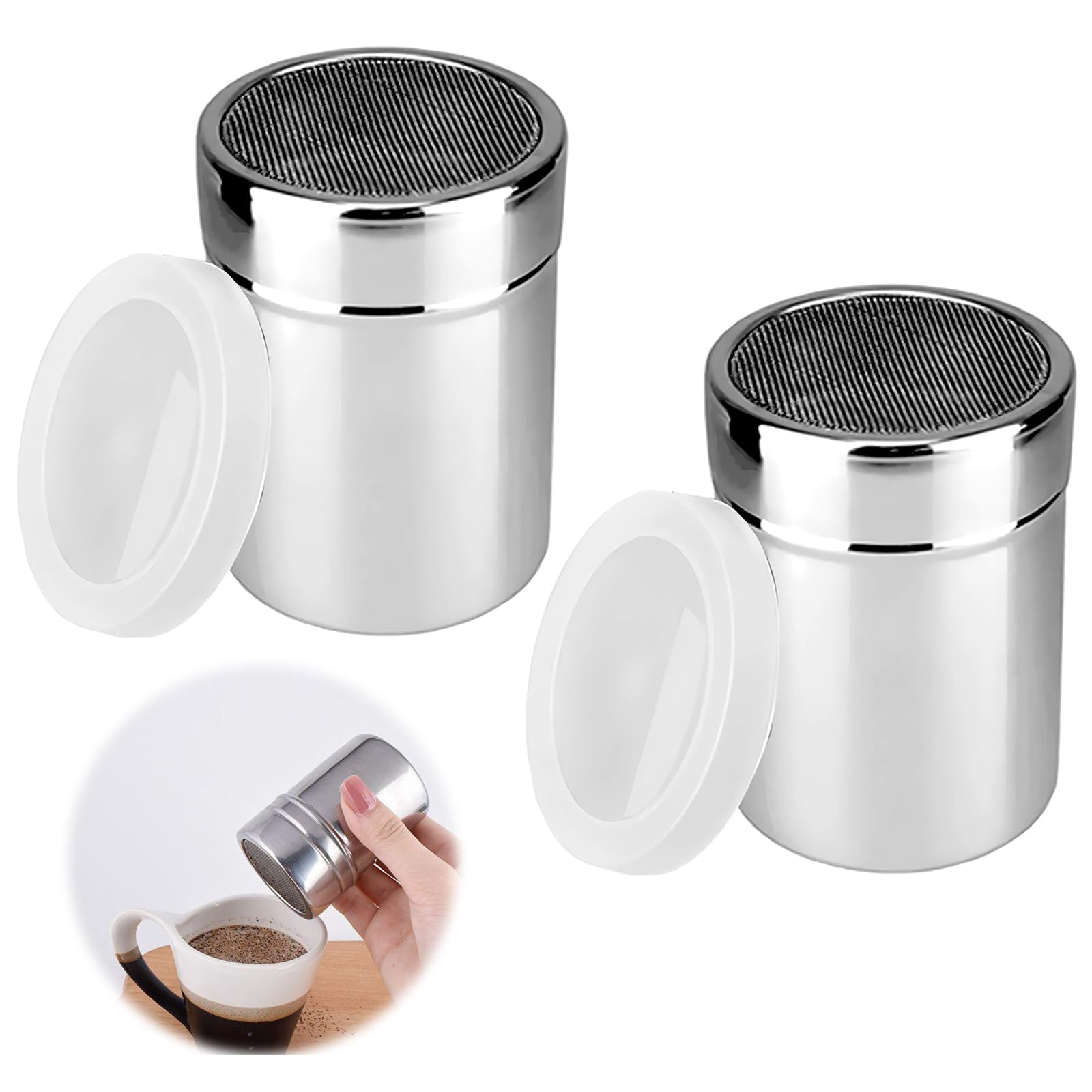 2 Taglie Spargi a Velo Spargizucchero Spargicacao in 304 Acciaio Inox con Coperchio per Farina Cioccolato Sale Pepe Zucchero a velo Cacao Spezie in Polvere, 24pezzi Cappuccino Stencil