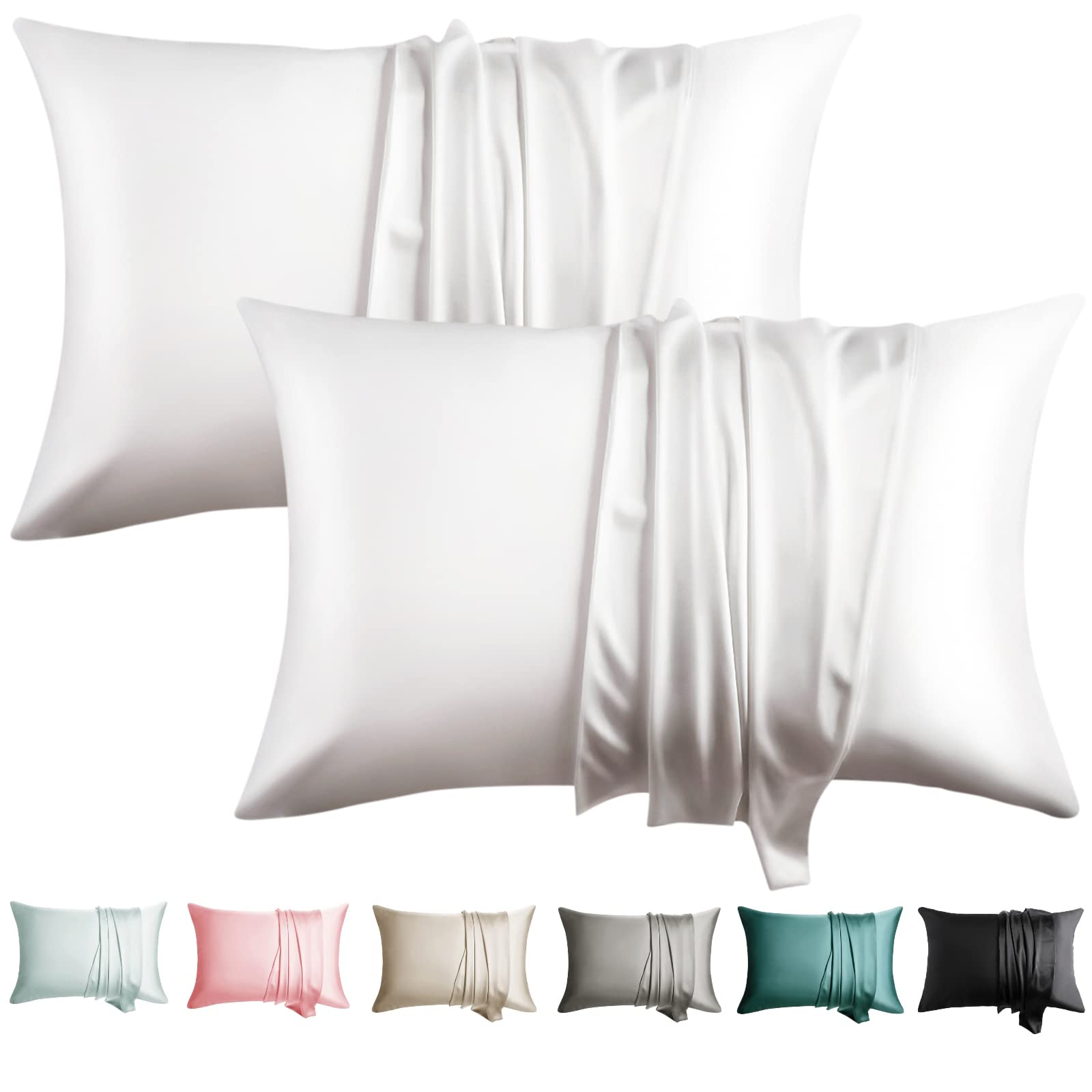 WLOSJ 100% Silk Pillowcase for Hair and Skin 2 Pack King Size 19 Momme Mulberry Silk Pillow Case Soft Breathable Cooling with Hidden Zipper Set of 2, White