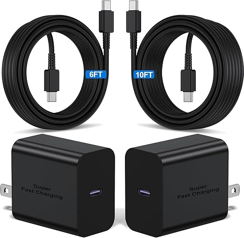 Cable Cargador Súper Rápido de 6 pies y 10 pies, Paquete de 2 Cargador de Pared USB C de 45W y Cable Cargador Largo Tipo C para Samsung Galaxy S25