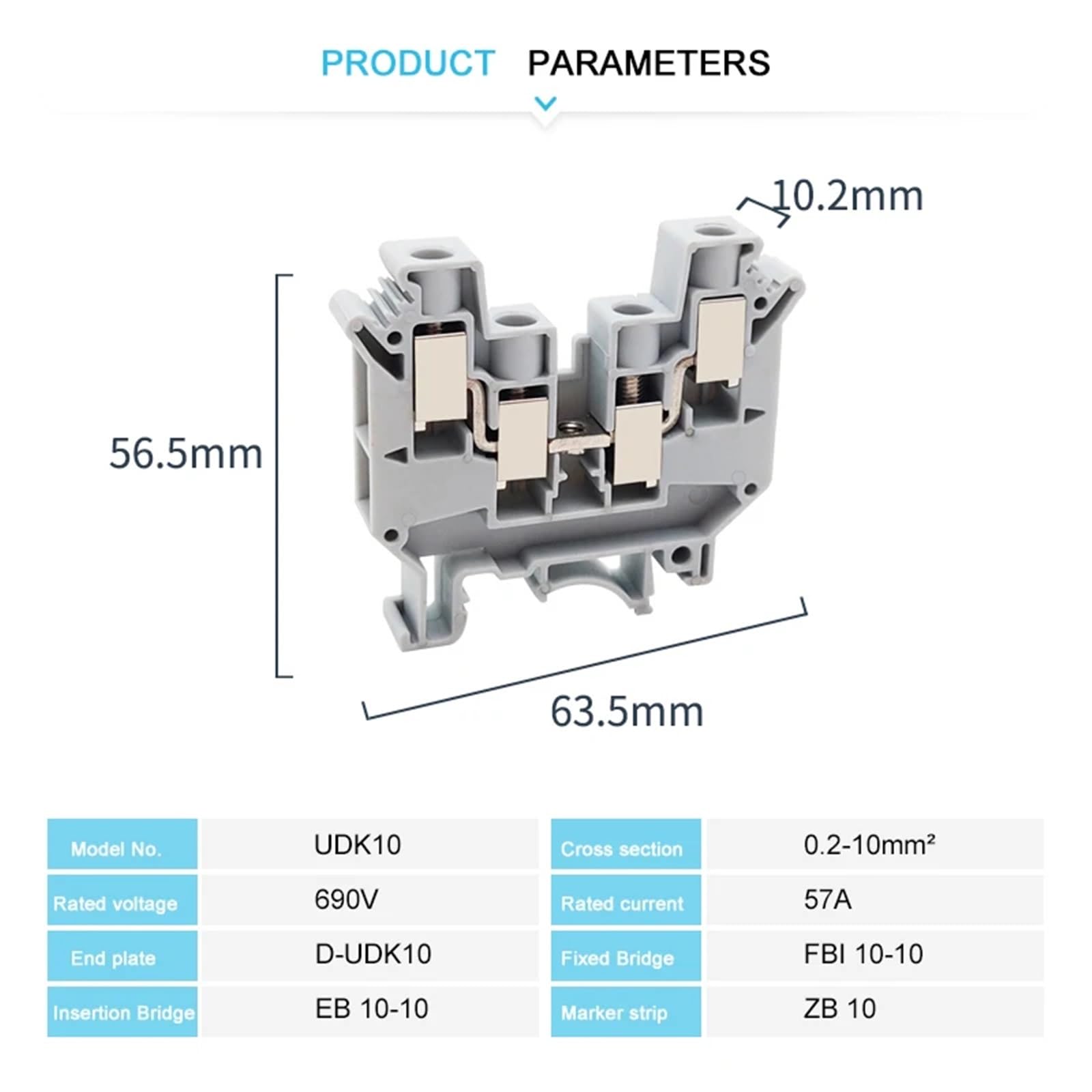 Morsettiera elettrica a vite UDK-10, 4 fili, 10 mm², 2 ingressi/uscite, 5 pezzi(10 pezzi)