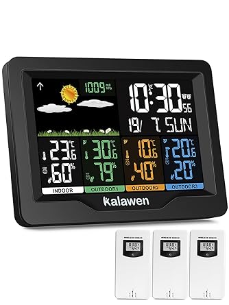 Kalawen Home Wireless Weather Station Multiple Sensors with Atomic Clock, Indoor/Outdoor Thermometer Wireless Humidity Barometer Monitor