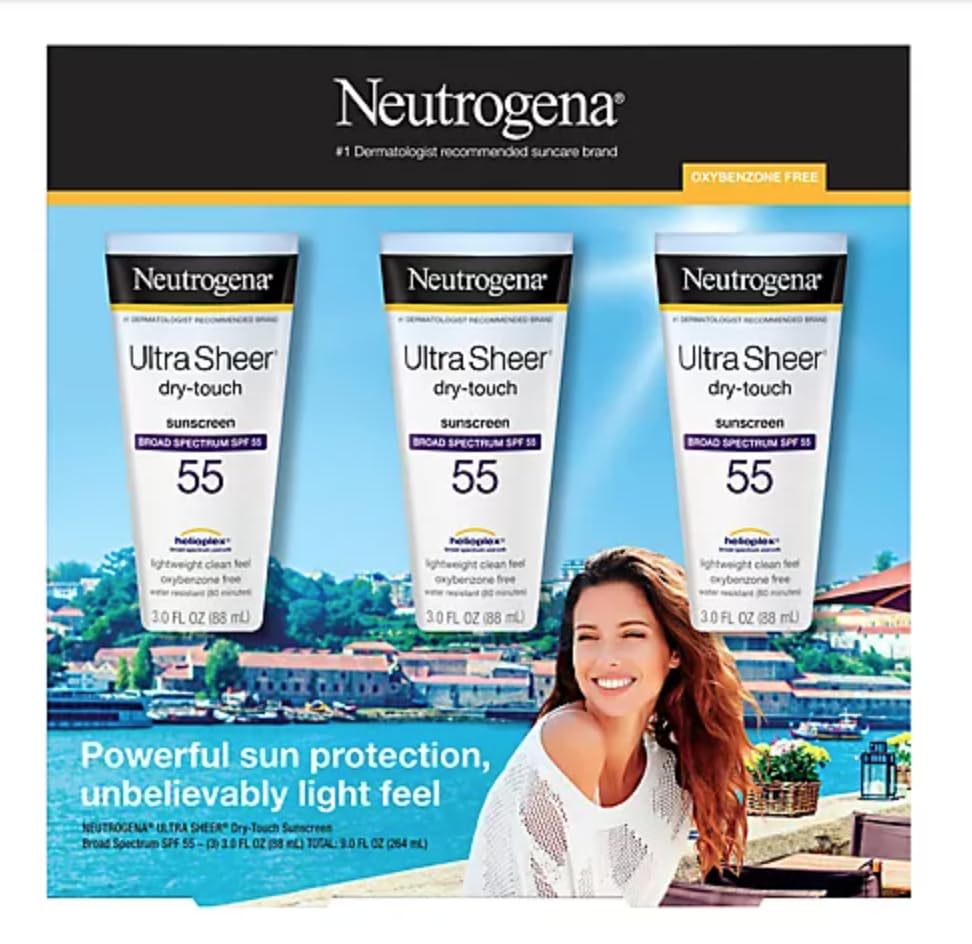 Kenvue Neutrogena Ultra Sheer Dry-Touch Sunscreen SPF 55 for Face & Body, Lightweight Non Greasy Broad Spectrum UVA/UVB Protection, No White Cast, Water Resistant (80 Min) Travel Sunscreen Lotion, 3 fl oz