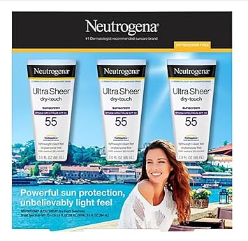 Neutrogena Ultra Sheer Dry-Touch Sunscreen Lotion, Broad Spectrum SPF 55 UVA/UVB Protection, Lightweight Water Resistant Face & Body Sunscreen, Non-Greasy, Travel Size, 3 fl. oZ 3PACK