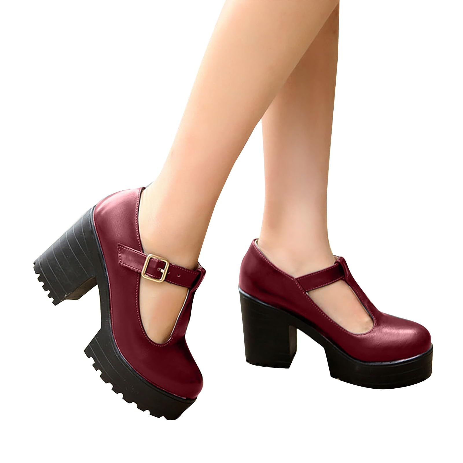 Pumps Damen Elegant Plateau Schuhe Chunky Leder Mary Jane Schuhe Bequeme