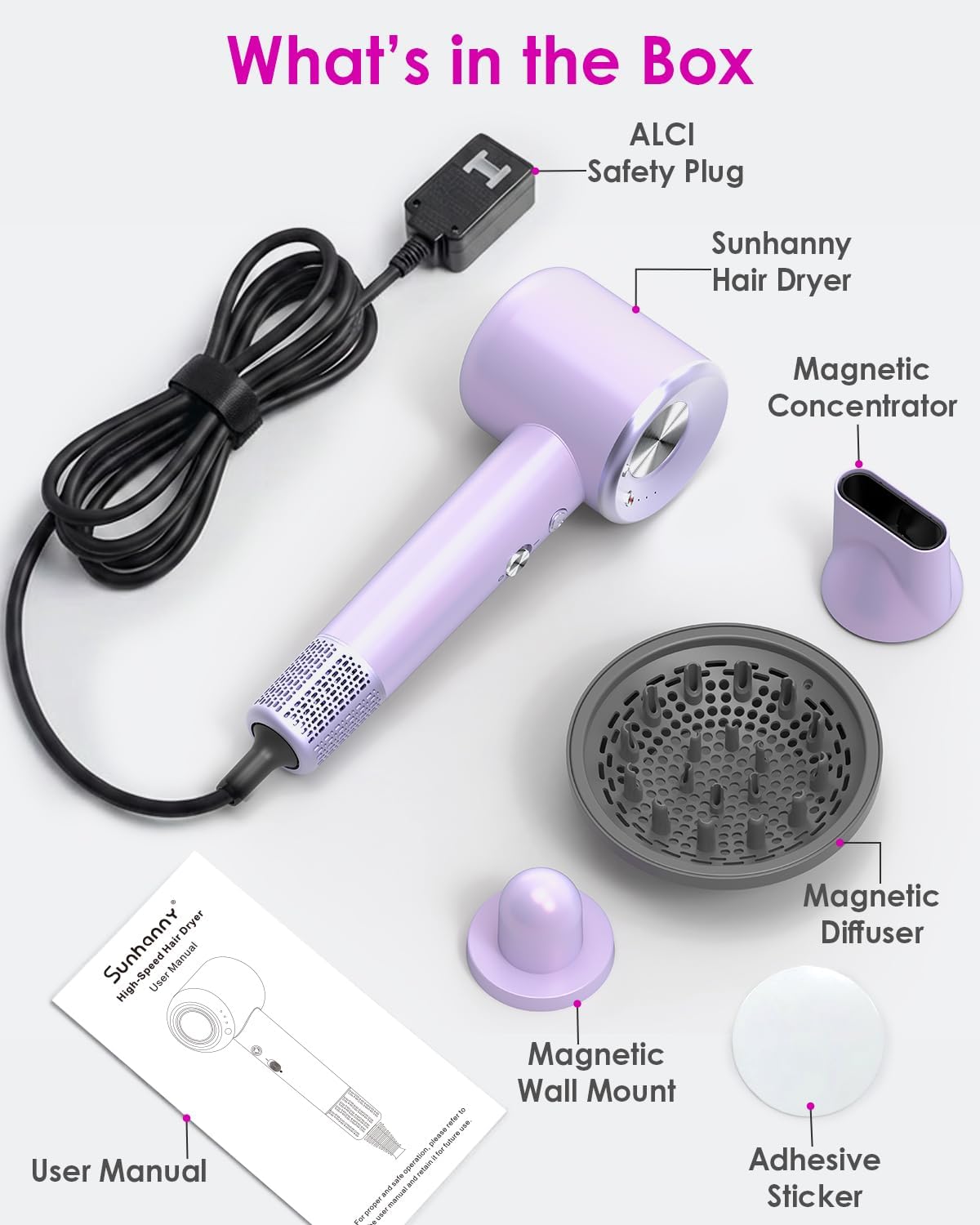 High Speed Ionic Professional Hair Blow Dryer,160000 RPM Powerful Fast Drying Travel Hairdryer Blowdryer with Magnetic Diffuser, Concentrator Nozzle & Wall Mount Bracket, 3 Speeds & 4 Temps, Purple
