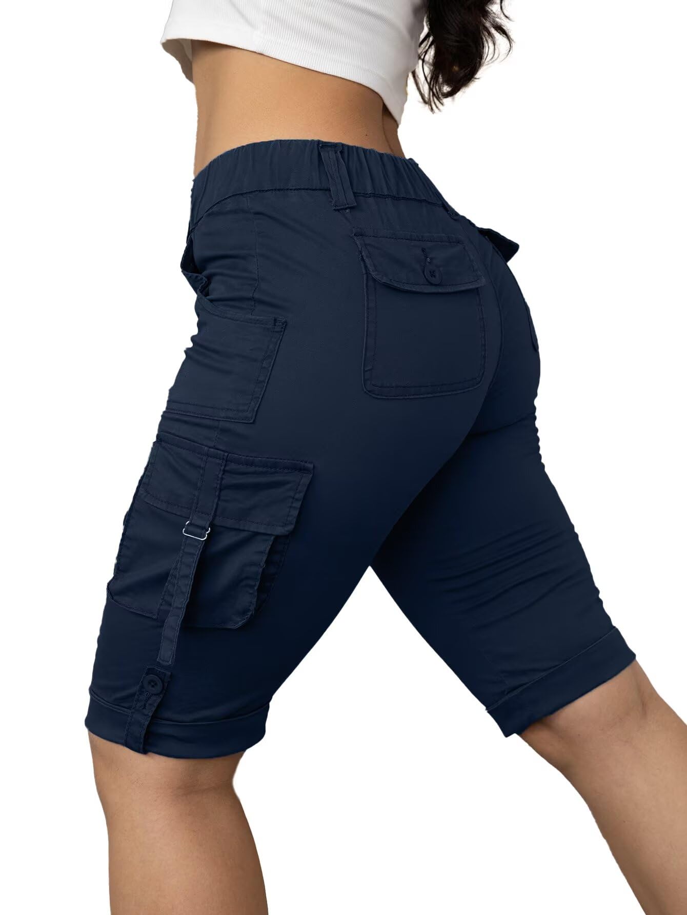 Flamingals Hiking Shorts for Women Flap Pocket Design Bermuda Cargo Shorts 2025 Trendy Navy Blue XL