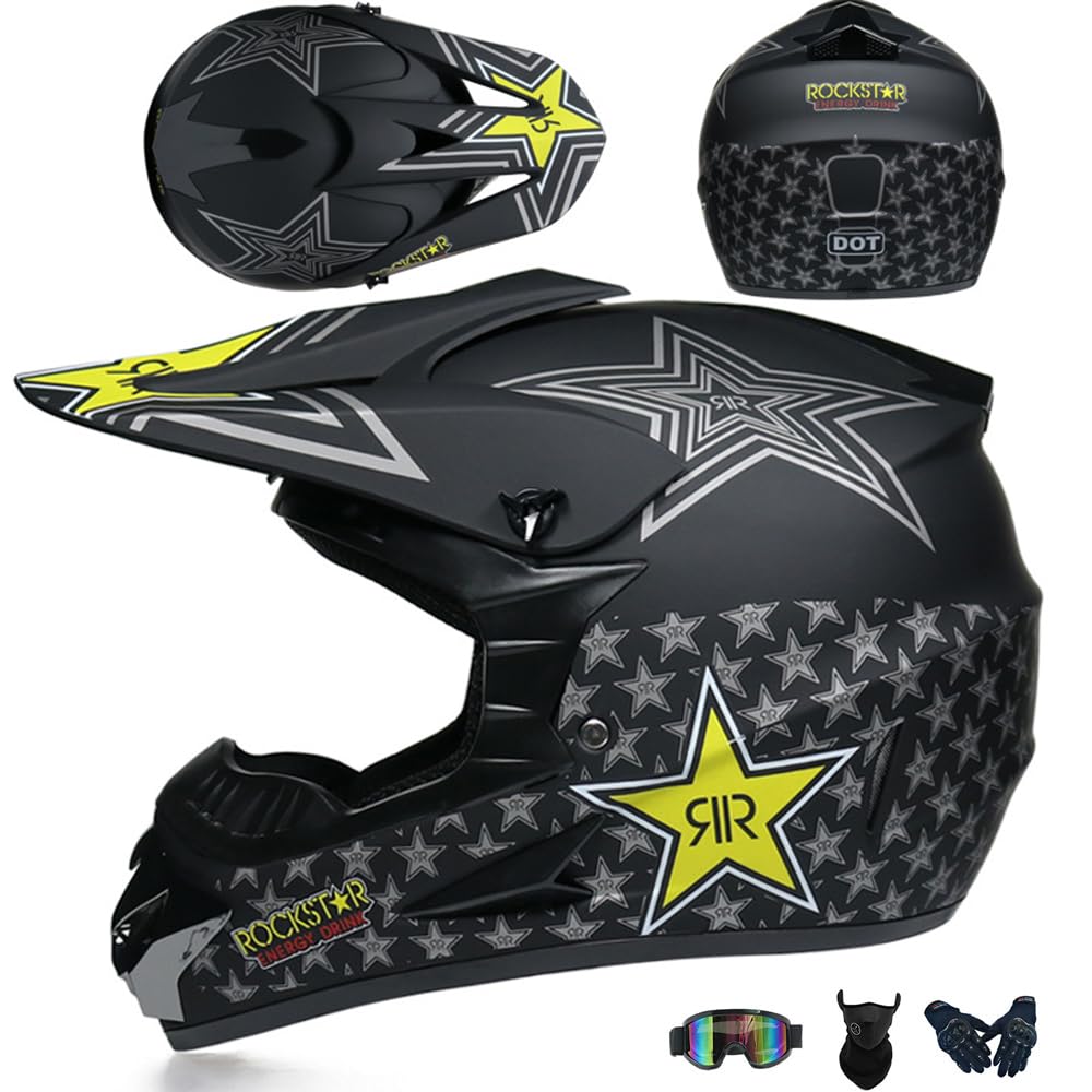 Casco De Moto Mujer Hombre Casco De MTB De Cara Completa Casco De Motocross Certificado DOT/ECE Con Gafas Máscara Guantes Ciclomotor Seguridad Casco De Descenso Para Cruiser Chopper,Black/A-XL