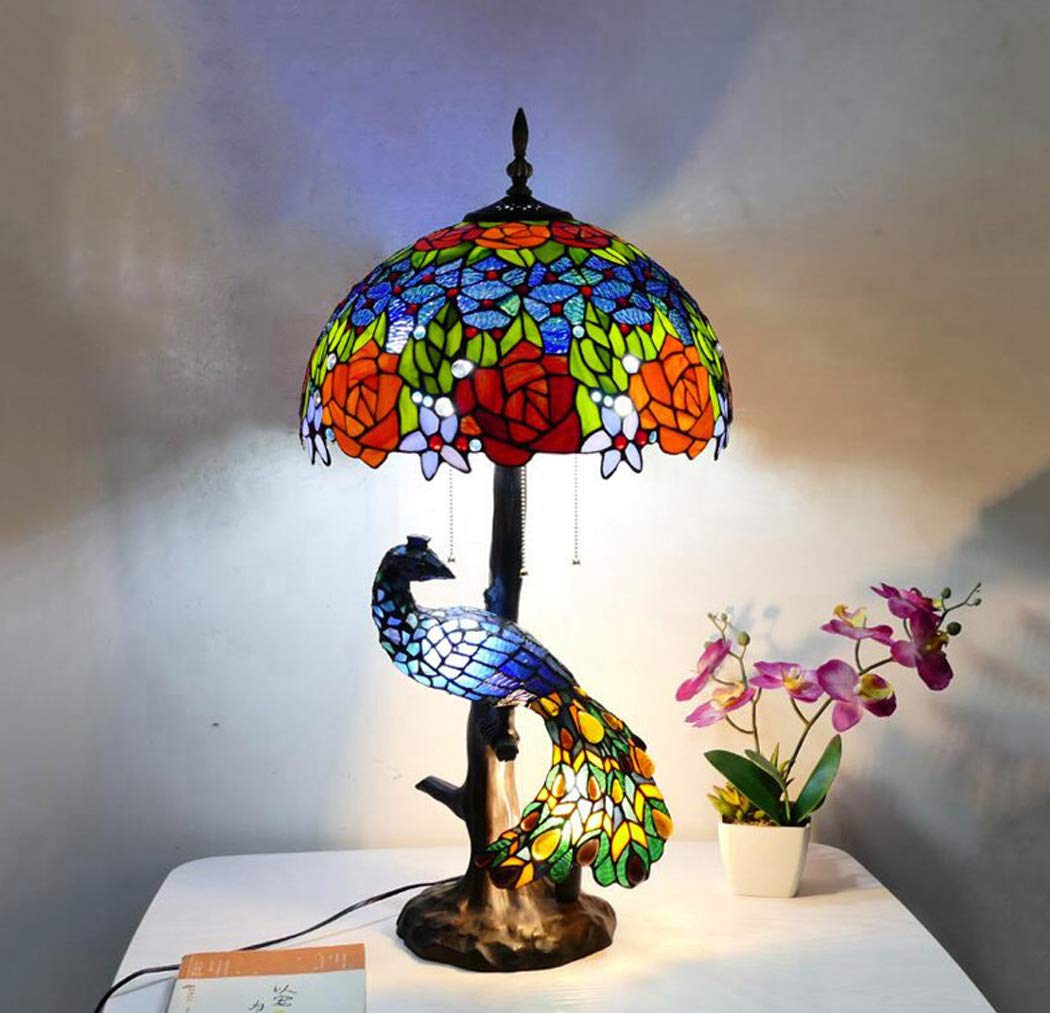 lampki nocne, 16-calowa różana witrażowa lampa antyczna do dekoracji nocnej