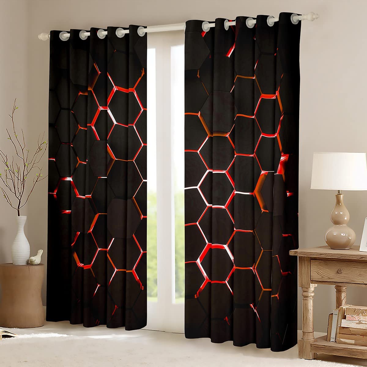 Homemissing Honeycomb Curtains for Bedroom Geometric Hexagon Window Treatment Red Ultra Soft Decor Window Drapes Geometrical Window Draperies for Kids Adults W52*L90 - Image 2
