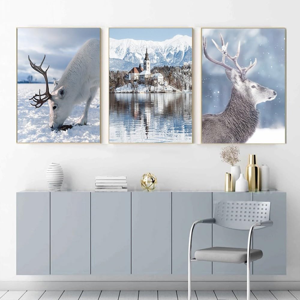 Wbyzac Green Wall Pictures-Winter Lake Mountain Wall Art Painting Snow Tree Deer Canvas Print Natural Landscape Poster Nordic Wall Pictures Bedroom Home Decoration-40 * 50Cm*3Pcs (No Frame)