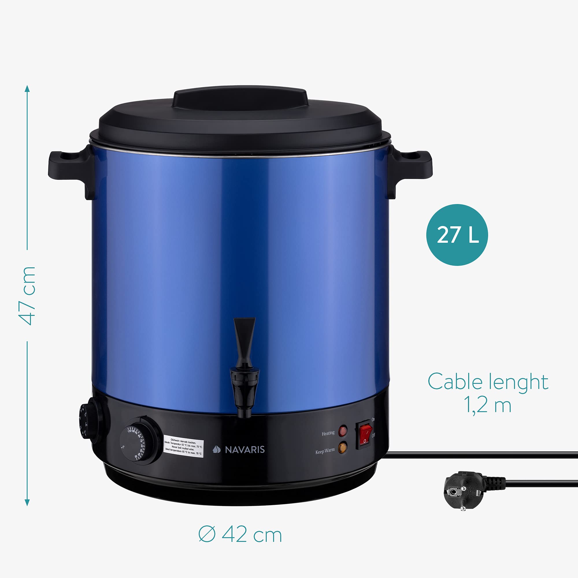 Navaris Stérilisateur à Bocaux Électrique - Machine à Vin Chaud 27L - Distributeur Boissons en Inox - Autocuiseur Minuteur - Bleu métallique
