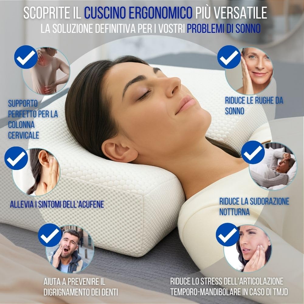 Inphysio® Cuscino Antirughe, Anti-Invecchiamento, Cuscino Ergonomico Cervicale, Cuscino Memory Foam, Cuscino per Cervicali Dolenti, Copertura a Doppia Faccia Rinfrescante/Riscaldante, 65 x 41 x 11 cm