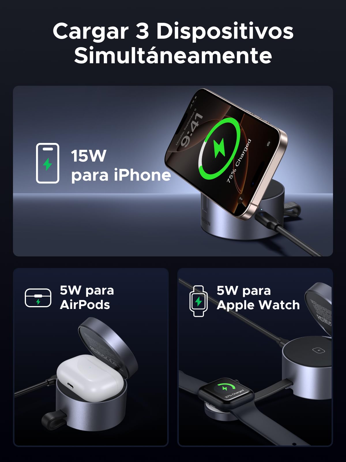 UGREEN MagFlow 3 en 1 Cargador Inalámbrico Qi2 15W Certificado