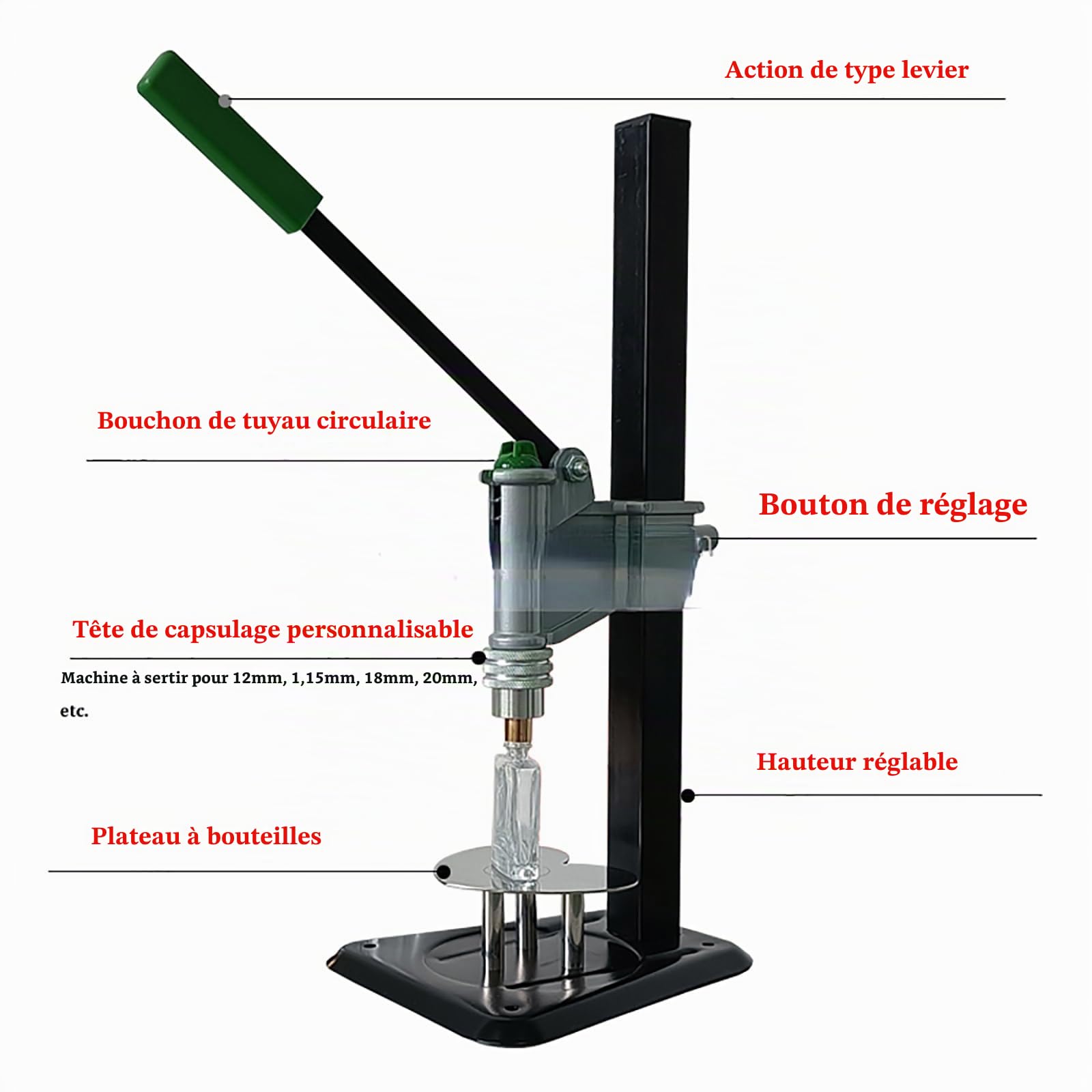 Capsuleuse de Parfum Manuelle, Machine de capsulage de Presse en Acier Inoxydable avec poignée de 13 à 15 mm, Machine de sertissage de Bouteilles réglable en Hauteur, sertisseuse de Parfum