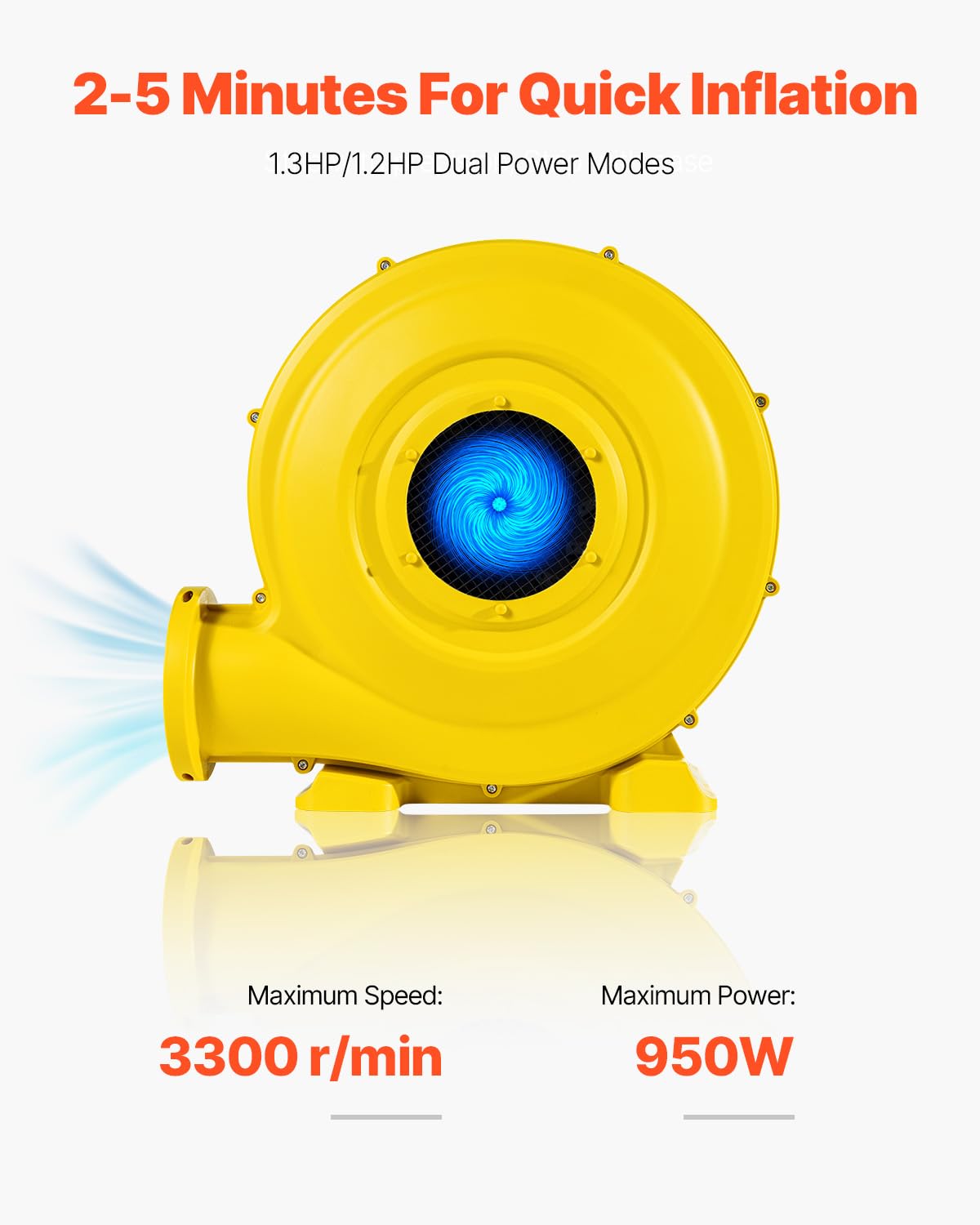 VEVOR Soplador de Aire para Castillos Inflables, 870 W y 950 W, 1,3 HP, Bomba Comercial, Ventilador Eléctrico 3300 RPM, Castillos Inflables, Toboganes de Agua, Amarillo, 420 x 240 x 420 mm