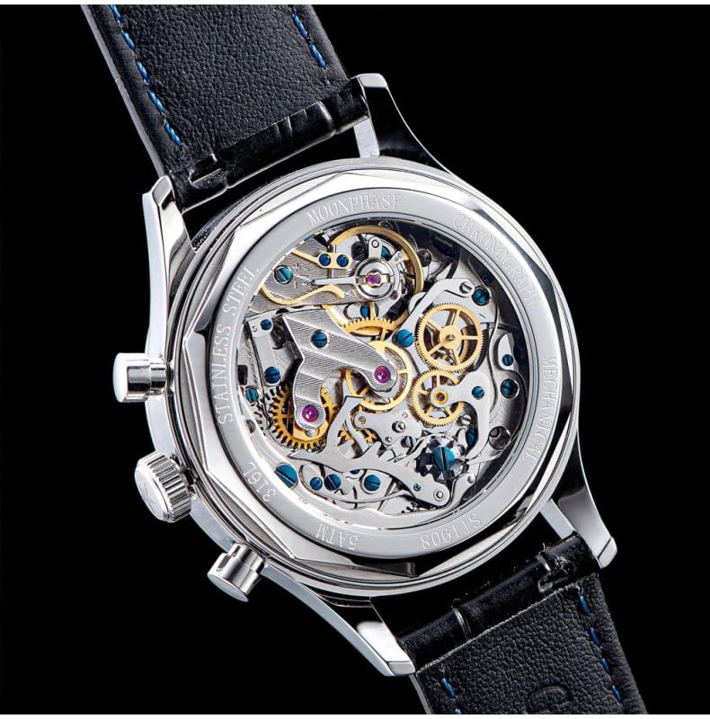 Seestern Sugess S389 Fase Lunare Crono Meccanico Acciaio Bianco Nero Pelle Orologio Uomo