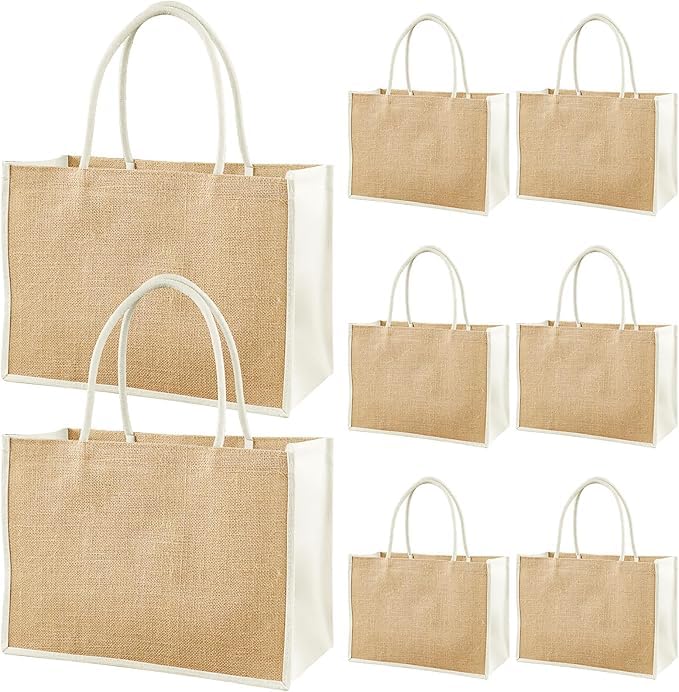 MSYU Lot de 8 sacs cadeaux en toile de jute naturelle, sacs d'épicerie, sacs cadeaux réutilisables en toile avec poignées douces, sacs de loisirs créatifs pour demoiselle d'honneur, mariage, voyage à