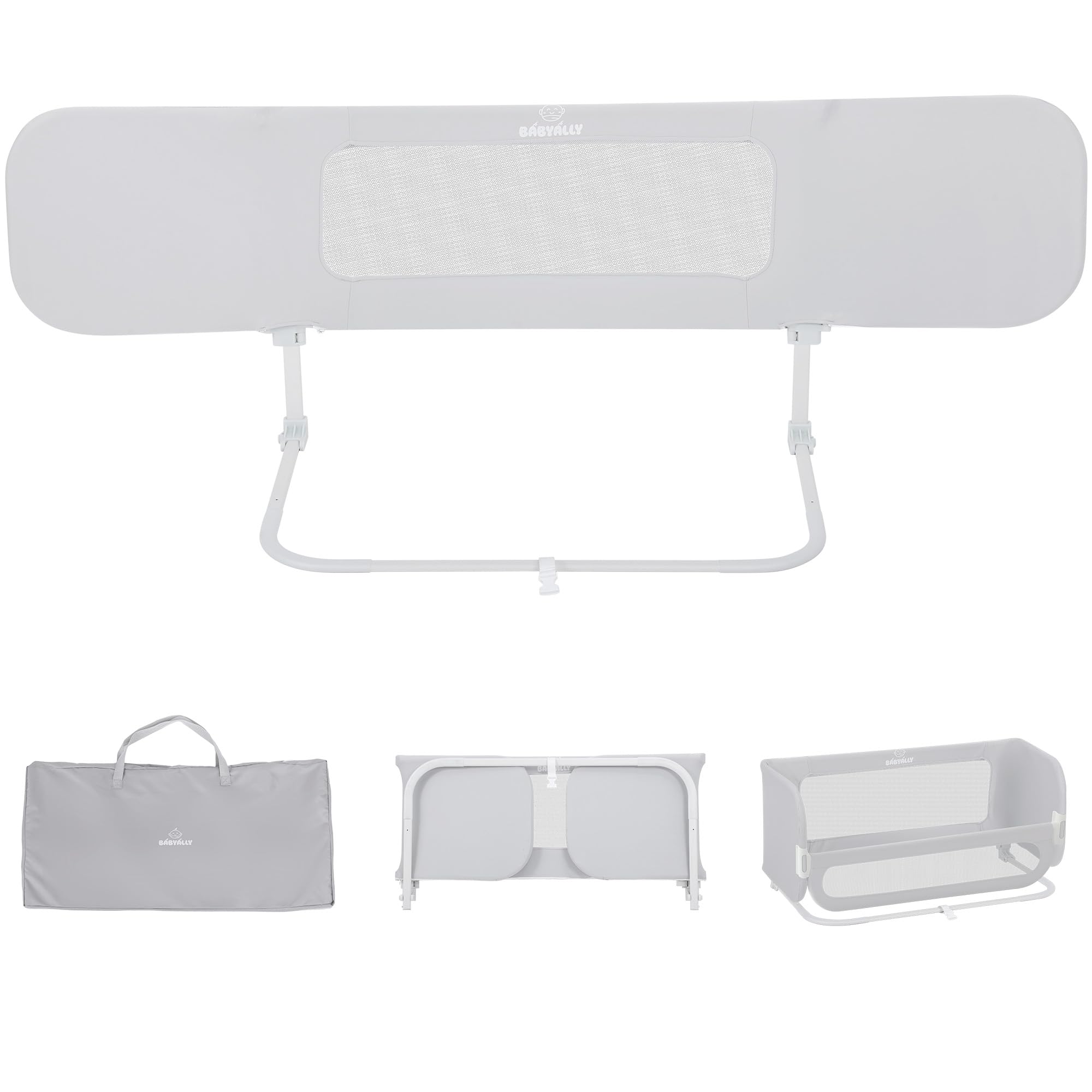 2 en 1 Barrera de Cama Abatible 185cm, Cuna Colecho con Bolsa de Transporte Viaje para Viajar o Vacaciones - Sin instalación, Fácil de Transportar - Gris