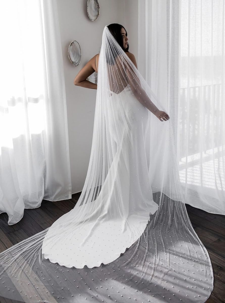 Velo da Sposa Lungo di Lusso con Pettine, Velo da Cattedrale con Perline, Velo da Sposa Bianco Avorio Champagne, Velo Lungo da Sposa con Perle 3 Metri