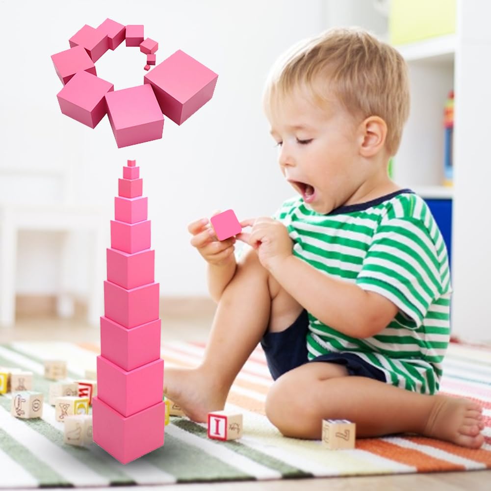 Beech Pink Tower - 2.76 Inches, Cypress Wood Montesśori Toy, Multicolor, Family Edition Plus Card - Image 2