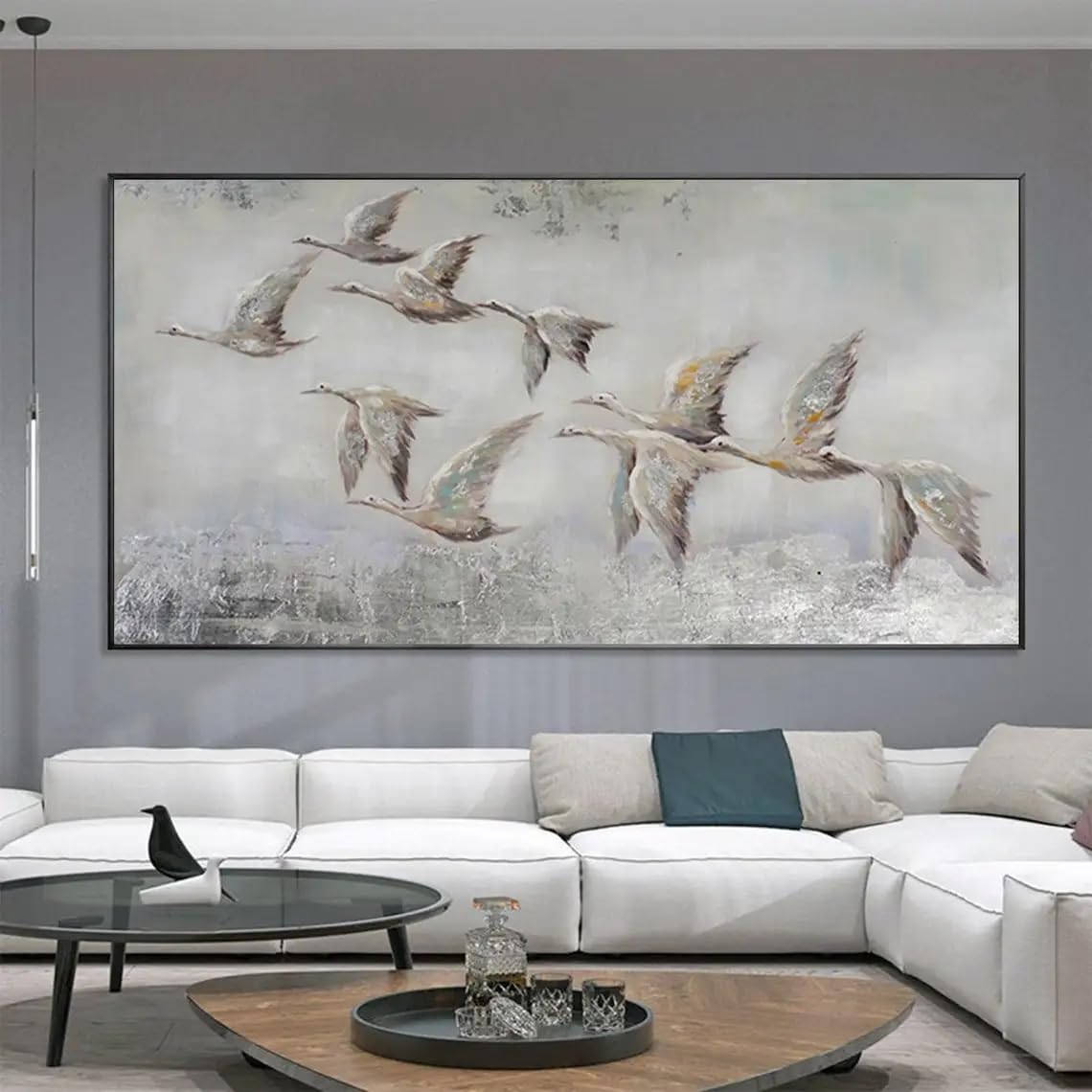 LTjiajuypd Abstract Landscape Canvas Prints Painting Gray White Flock Birds Modern Bedroom Wall Art Decor(80X160cm)