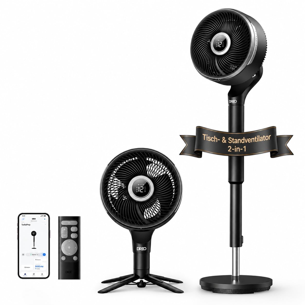 DREO Smart-Ventilator Standventilator 150°+100° Oszillation 36,6 m CirculAir-Reichweite leiser DC-Motor 12 Stufen 6 Modi 20 dB Fernbedienung 12-h-Timer