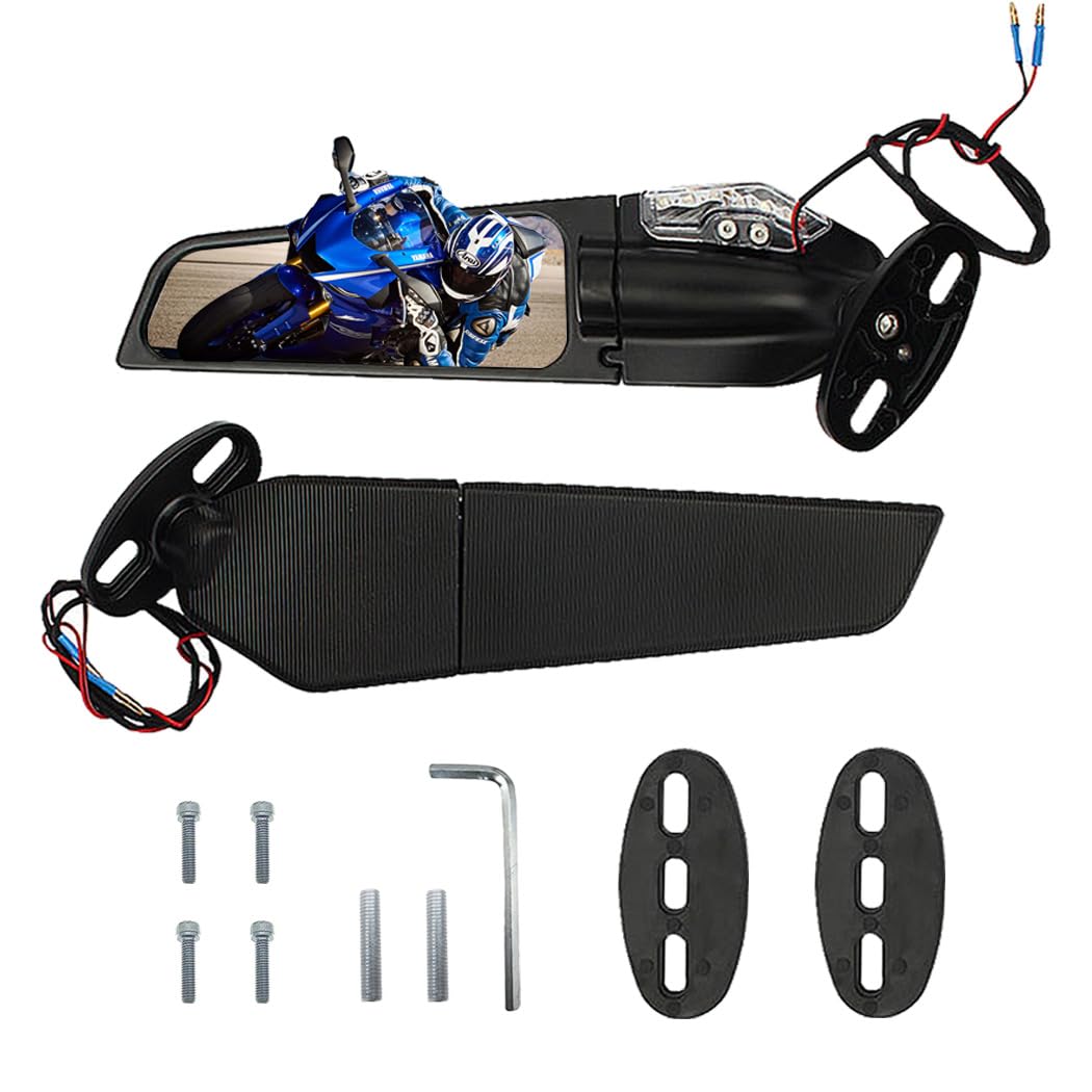 Racing Motorcycle Rear View Mirrors Stealth Mirrors with LED Turn Signal Lights for Honda CBR250R CBR300R CBR500R CBR600RR, for Kawasaki Ninja 400 300