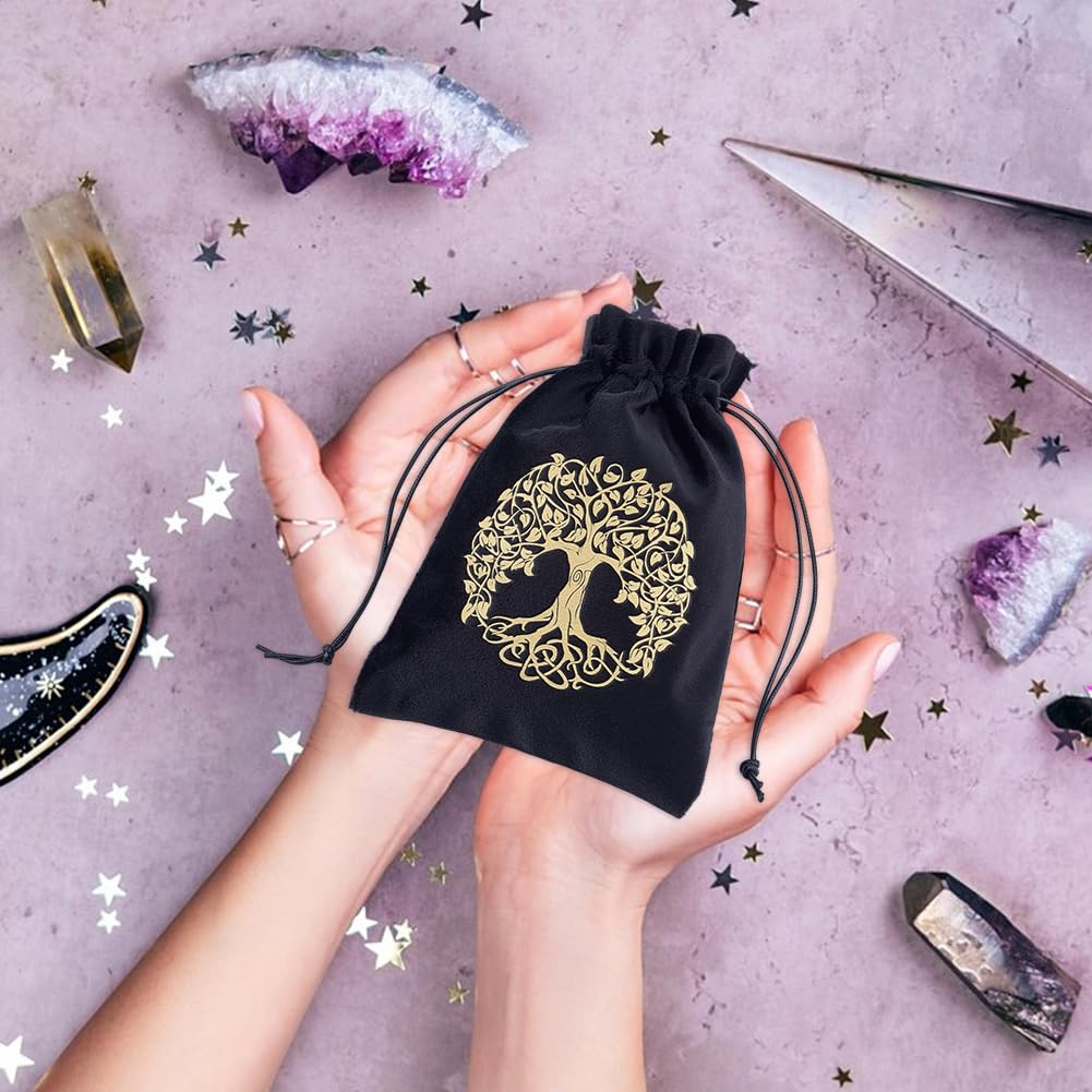 CREATCABIN 4 Packs Tree Of Life Tarot Card Bag Tarot Card Packing Pouches Thick Velvet Drawstring Bag Black Protective Card Board Game Embroidery for Tarot Dice Card Jewelry Crystal Pouch 7x5.1 Inch - Image 4