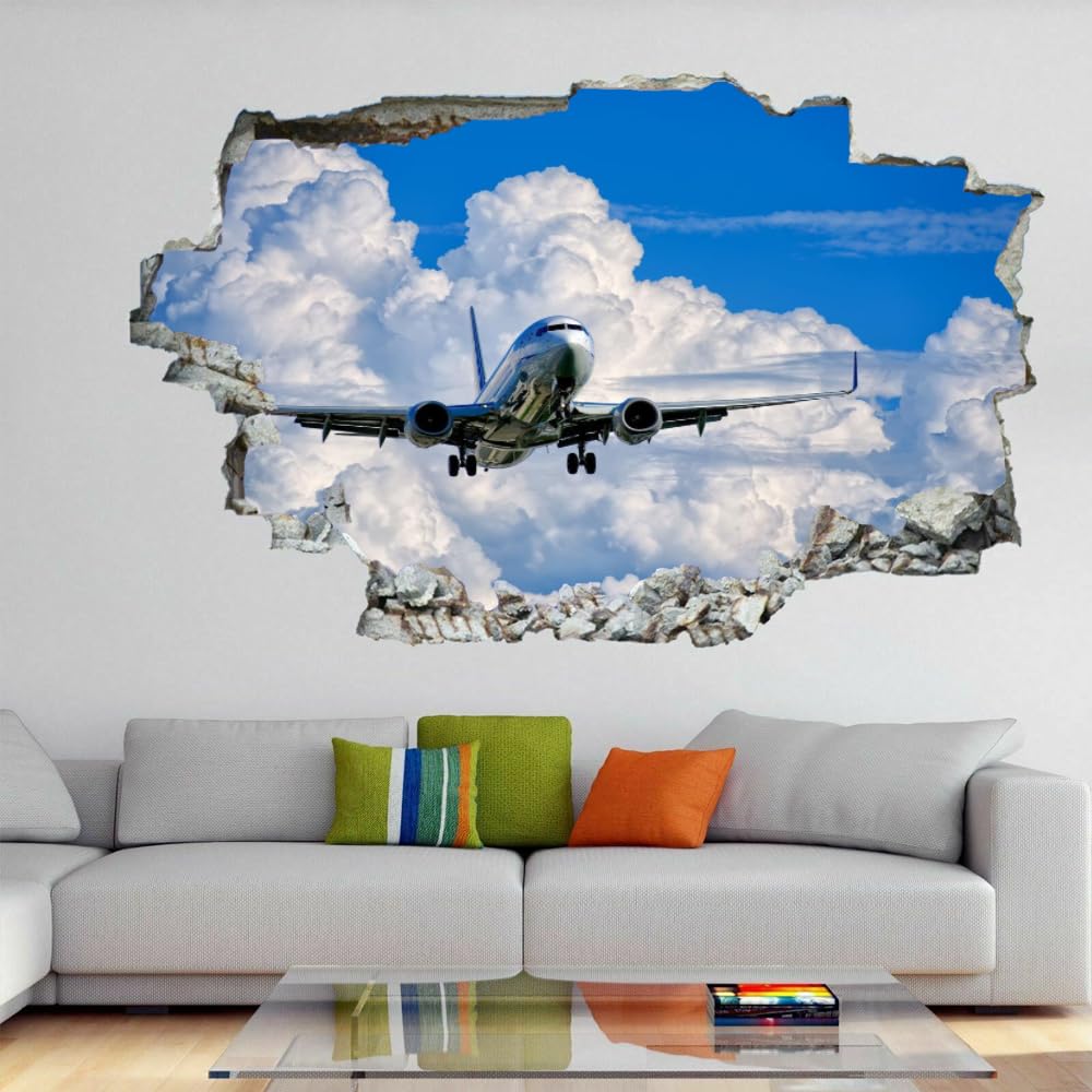 3D Smashed Wall Effect Avion Stickers Muraux Imperméables Art Amovible Blanc Nuages Et Bleu Ciel Sticker Mural pour Enfants Garçons Filles Nursery Home Chambre Décoration Murale