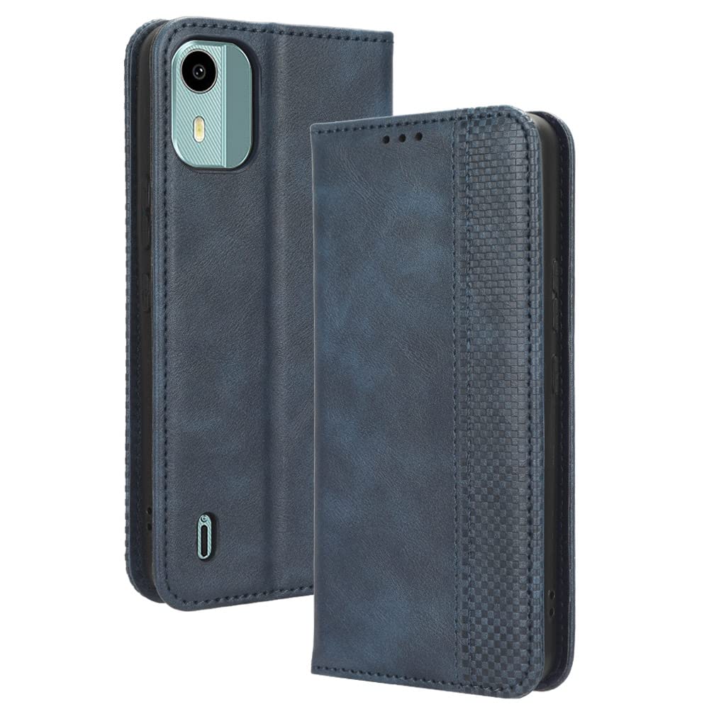 WBWONE Leather Folio Cover per Nokia C12, Custodia in Pelle PU Magnetica Libro Flip Portafoglio con [Funzione Stand]. Blu