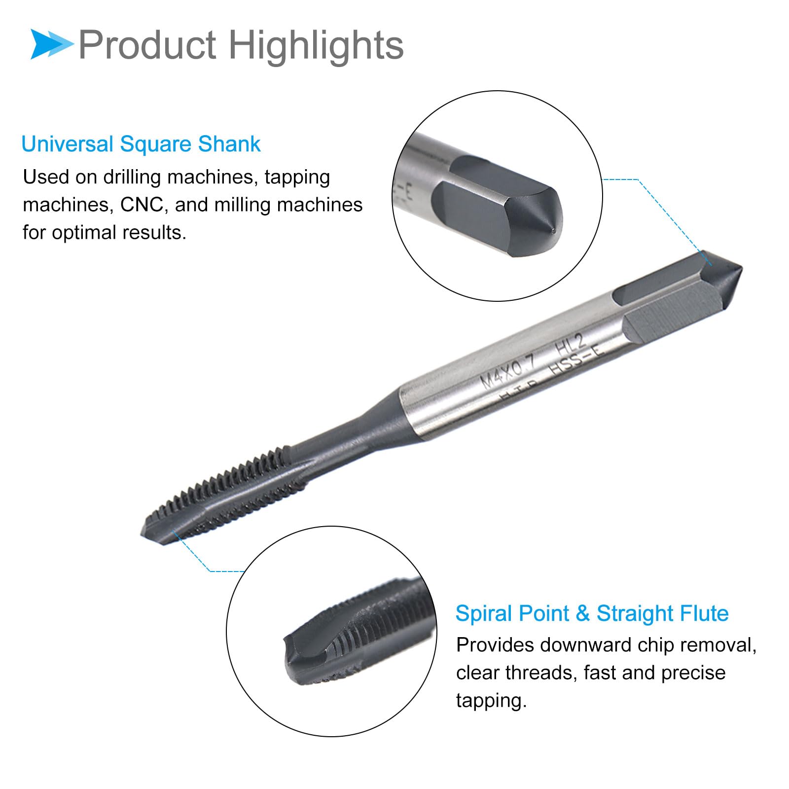 CoCud Spiral Point Tap, M4X0.7 Thread Size, TICN Coated HSS Metric Threading Tap - Image 4